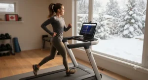 A motivated runner using a treadmill for Peloton app users to stay active indoors during cold Canadian winter months.