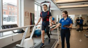 An athlete undergoing gait training on a treadmill for physical therapy to recover from a sports injury.