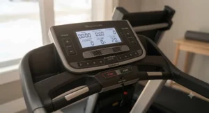 Close-up of a digital console with simple controls on a treadmill for first-time buyers.