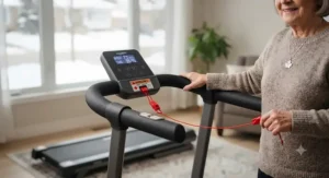Close-up of safety handrails and emergency stop clip on a gentle exercise treadmill designed for Canadian beginners.