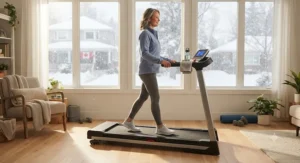 A beginner runner walking comfortably on a top starter treadmill during a snowy Canadian winter day.