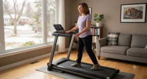 A beginner enjoying a safe, low-impact walking session on a reliable simple treadmill for home wellness.