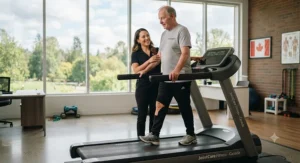 A physical therapist guiding a patient on a low-impact treadmill for joint pain rehabilitation.