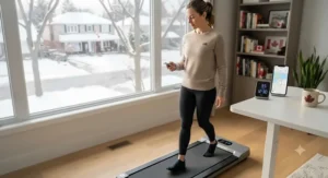 A user adjusting speed on a best walking treadmill using a handheld remote control.