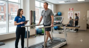 A patient working on cardiovascular endurance using a low-speed treadmill for physical therapy programs.