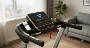 Close-up of the digital LED console on a compact treadmill designed for small apartments.