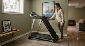 A space-saving folding treadmill for new runners set up in a cozy Canadian basement.