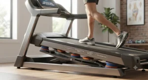 Side view of a modern low-impact treadmill highlighting shock-absorption technology for joint pain.
