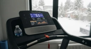 Close-up of a digital console on an electric treadmill showing speed, distance, and pre-set workout programmes.