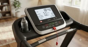 Close-up of a walking treadmill digital console showing speed, distance, and calories burned in metric units.