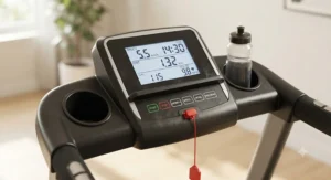 Close-up of an easy-to-read digital console on a starter treadmill displaying speed and distance in kilometres.