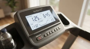 Close-up of a digital console display on a treadmill for new runners showing distance and pace.