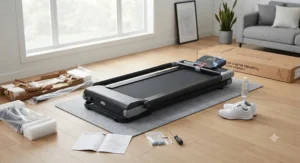 A newly unboxed top starter treadmill ready for quick and easy setup in a home fitness space.