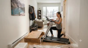 Unboxing and setting up a pre-assembled folding treadmill in a narrow studio apartment hallway.