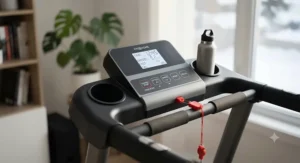Close-up of a straightforward, user-friendly display console on a simple treadmill for home fitness routines.