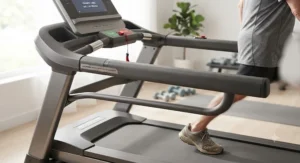 Handrails and safety features on a specialized low-impact treadmill for individuals managing joint pain.
