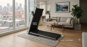 Visual diagram highlighting the compact footprint and dimensions of a foldable treadmill for small apartments.