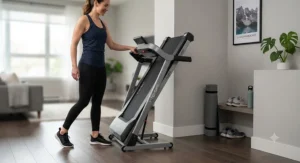A foldable simple treadmill for home being easily rolled away into a corner for compact storage.