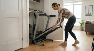 A person folding up a slim best walking treadmill for easy storage in a Toronto condo closet.