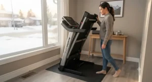 Space-saving folding treadmill model ideal as a treadmill for first-time buyers with limited apartment space.