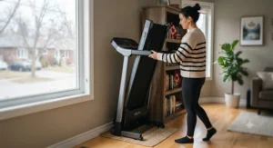 A foldable walking treadmill demonstrating its space-saving vertical storage feature for Canadian homes.