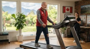 A senior Canadian man exercising safely on a low-impact treadmill to maintain mobility with knee pain.