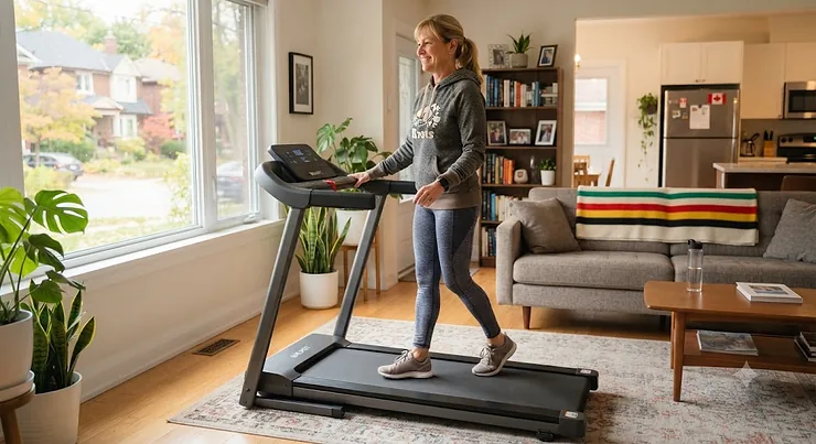 A Canadian beginner enjoying a gentle walking workout on a compact treadmill in a bright living room.