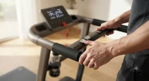 Hands holding the handlebar pulse sensors on a starter treadmill to track heart rate during a workout.