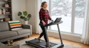 A Canadian fitness beginner staying active indoors during winter on a gentle exercise treadmill.