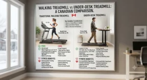An infographic comparing the pros, cons, and fitness benefits of a walking treadmill versus an under-desk treadmill for Canadians.