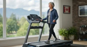 An older Canadian woman walking comfortably on a low-impact treadmill for joint pain while smiling.