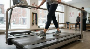 Close-up of low-impact walking on a treadmill designed for joint physical therapy and rehabilitation.