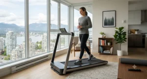 A compact low-impact treadmill set up in a Vancouver apartment living room for safe daily walking.