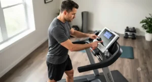 A man carefully adjusting the speed and incline console on his treadmill for new runners.