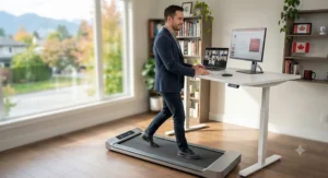 A professional walking at a light pace on an under-desk walking treadmill during a virtual meeting.