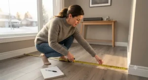 Person measuring floor space to find the right treadmill for first-time buyers for an indoor workout space.