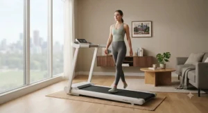 A minimalist, space-saving simple treadmill for home that blends seamlessly with contemporary interior decor.