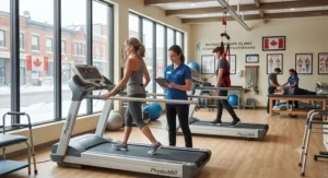 A bright, modern Canadian physiotherapy clinic equipped with specialized treadmills for physical therapy.