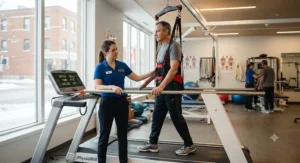 A patient utilizing an overhead body weight support harness on a treadmill for neurological physical therapy.
