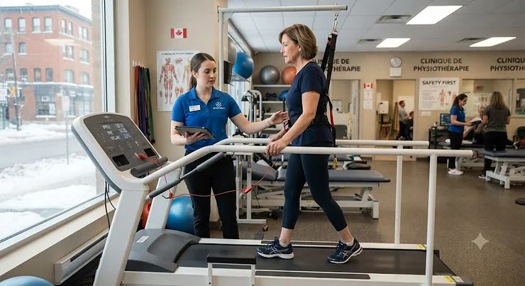 A patient safely using a treadmill for physical therapy under the guidance of a physiotherapist in a Canadian clinic.