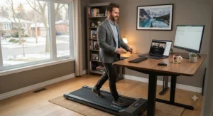 An active professional staying productive by using an under-desk treadmill during a video call in a Canadian home.