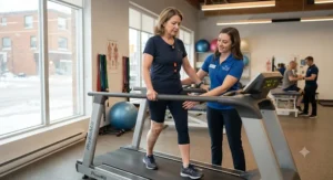 A licensed Canadian physiotherapist assisting a patient on a medical-grade treadmill for post-surgery recovery.