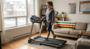 A compact and portable gentle exercise treadmill set up in a cozy Canadian apartment for daily beginner routines.