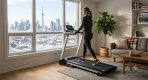 Portable folding treadmill set up in a small apartment living room overlooking a winter cityscape.