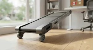 A portable under-desk walking treadmill showing integrated transport wheels for easy storage.