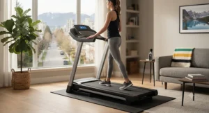 A quiet, low-noise treadmill operating smoothly to ensure peaceful living in a multi-unit apartment building.