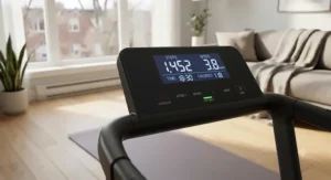 Close-up of the digital display console on a quiet best walking treadmill showing steps and speed.