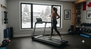A quiet-motor folding treadmill operating in a basement home gym for year-round fitness routines in Canada.