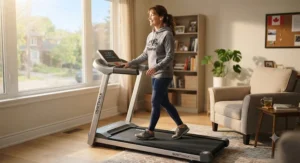 A quiet-motor gentle exercise treadmill being used for a peaceful morning walking routine in a Canadian home.