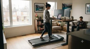 A quiet-motor under-desk treadmill operating smoothly in a shared Canadian workspace without disturbing others.